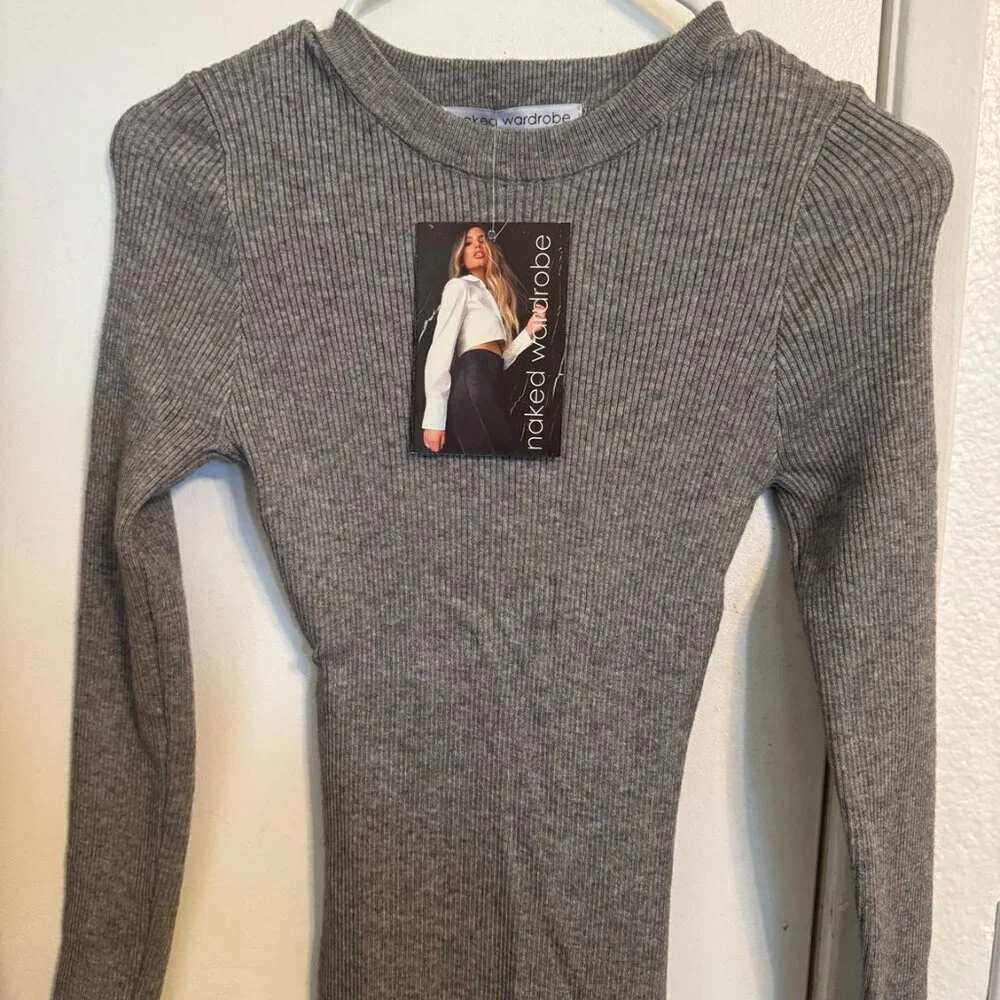 Naked Wardrobe Ribbed Long Sleeve Dress NWT - Picture 1 of 5